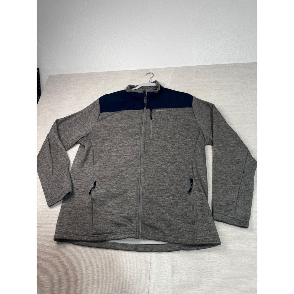Orvis Classic Collection Mens XL Full Zip Fleece Jacket Gray Navy Blue Outdoor